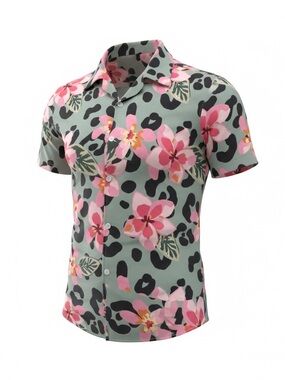 Duvin Design Short Sleeve Hawaiian Shirt Size Large Pink/Black Floral Design